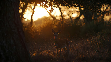 Deer Silhouette At Golden Hour In Forest
