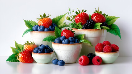 Collection of watercolor berry plants in pots, featuring various types of berries, beautifully painted and isolated on white