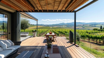 Ultra wide terrace house with beautiful nature landscape view. generative AI image