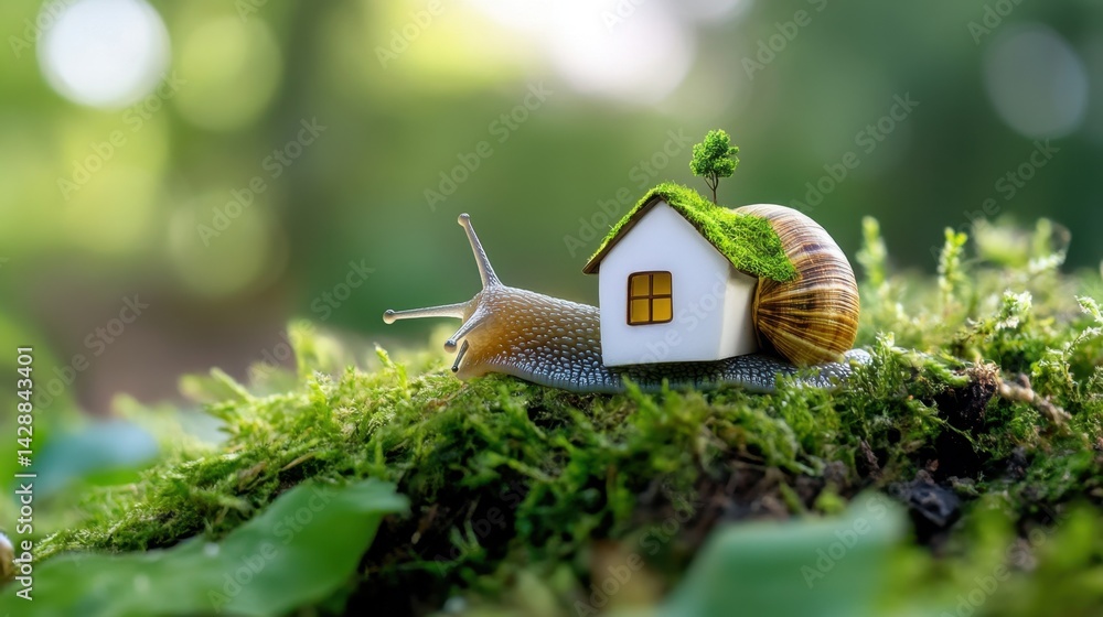 Poster detailed macro shot of a snail with a tiny house on its shell, natural setting