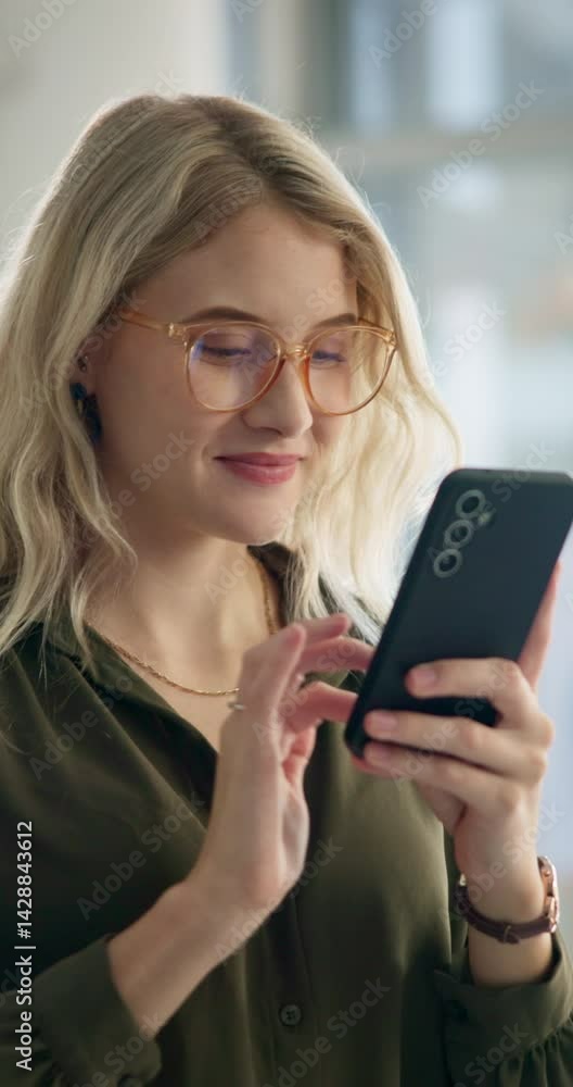 Aufkleber woman, smartphone and happy at office with texting on break with contact, update and networking at s
