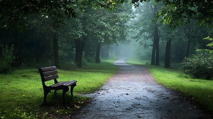 Misty Rainswept Park Path With Bench