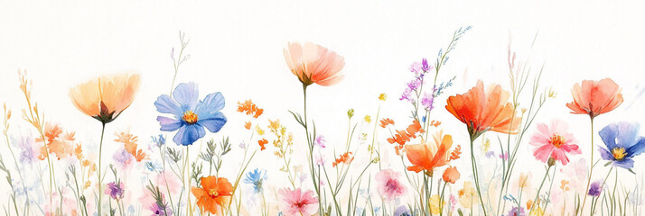 Fototapeta premium Watercolor wildflowers, pastel blue, orange, pink, purple, and yellow colors on a white background with a beige color palette.