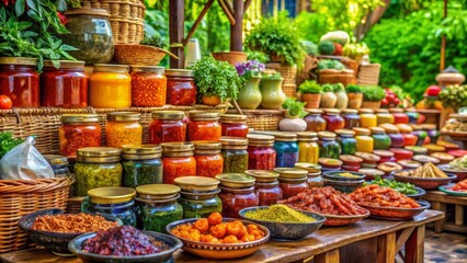 Fototapeta premium Vibrant array of preserved culinary delights, meticulously arranged in glass jars and bowls, showcases a diverse spectrum of colors and textures, promising a flavorful journey for the palate.