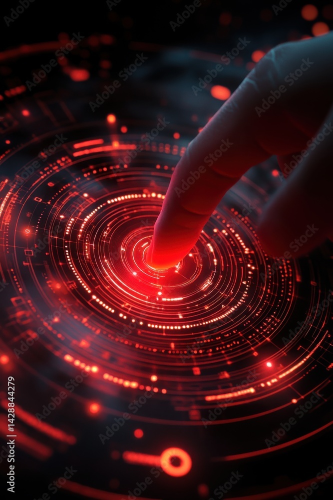 Poster digital touch: a futuristic interface illuminated with vibrant red hues, showcasing a finger interac