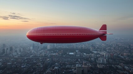 Obraz premium Red Airship Floating Above Cityscape at Sunset with Clear Sky