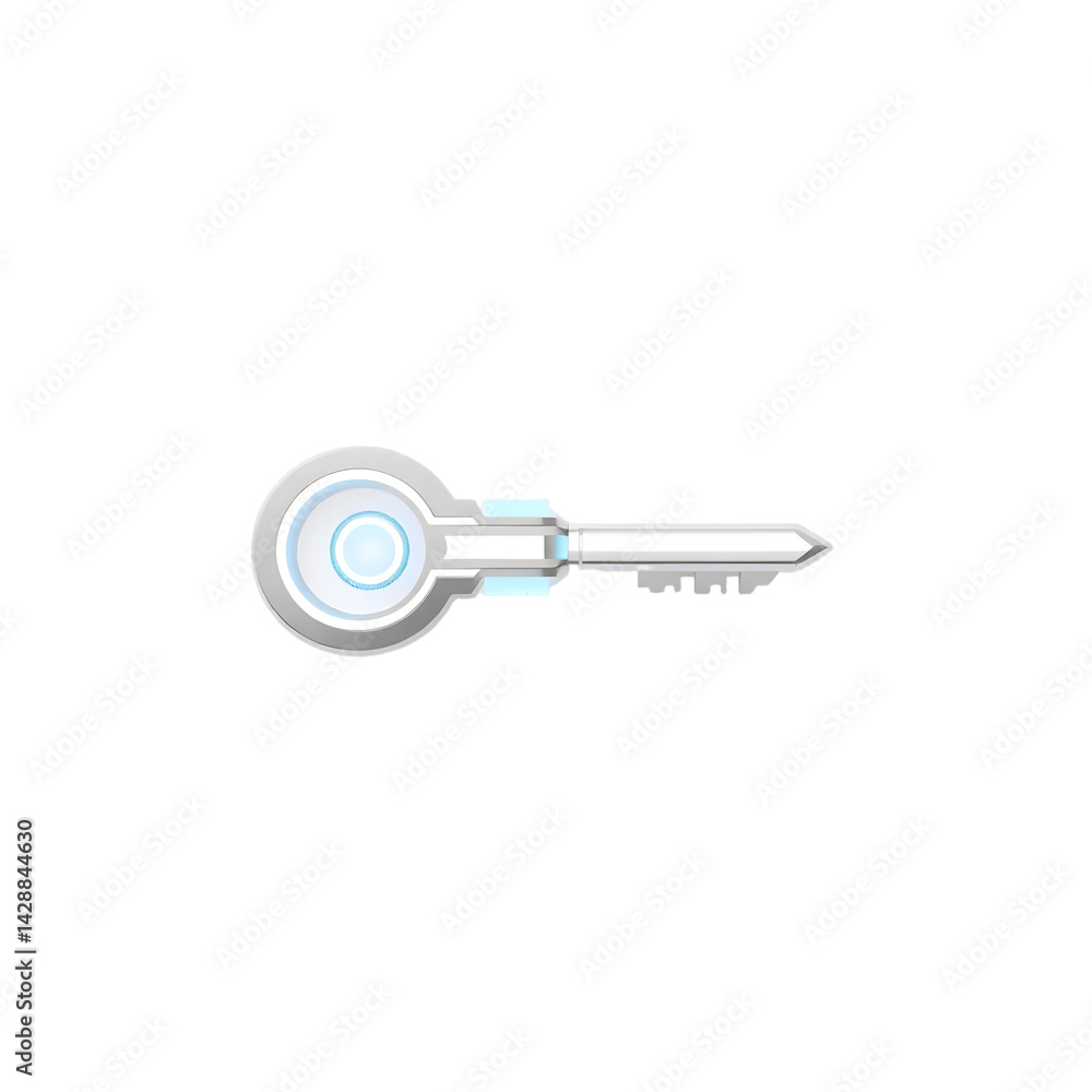Fototapete Futuristic Key, Glowing Object. 3d Rendered Key, Shining Symbol. Isolated On White, Bright Design Element. High Tech Concept, Future Technology. Unlock Potential, Access Granted.