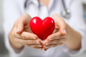 Obraz premium A healthcare professional is gently holding a red heart model with both hands