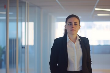 A powerful and focused businesswoman in a stylish suit stands authoritatively in a bright, modern office space, embodying success, ambition, and corporate leadership