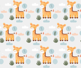 Fototapeta premium Giraffe cartoon pattern seamless vector illustration background.
