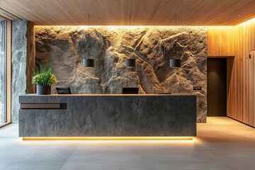 Beautiful reception desk, wall with stone panels and wooden elements in the lobby of an office building for young Kazakh workers on a ski holiday in KitzbÃ¼hel, Austria. Modern architectural interior 