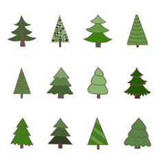 Collection of Stylized Evergreen Tree Illustrations in Various Artistic Designs