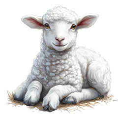 Fototapeta premium Adorable Lamb: A cute and fluffy lamb with a gentle expression sits in a soft bed of hay, its innocence and charm radiating a feeling of warmth and gentleness. 