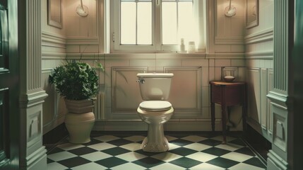 Fototapeta premium Interior design retro style of toilet seat decoration in bathroom. Generated AI image