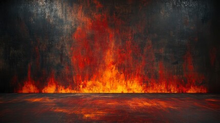 Fototapeta premium Fiery inferno backdrop. Dark grunge wall with intense flames and smoky floor.