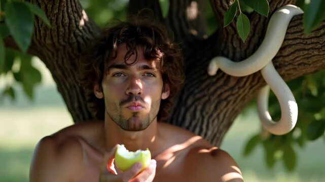 Man beneath tree with apple evokes a timeless tale of temptation and choice, christian footage