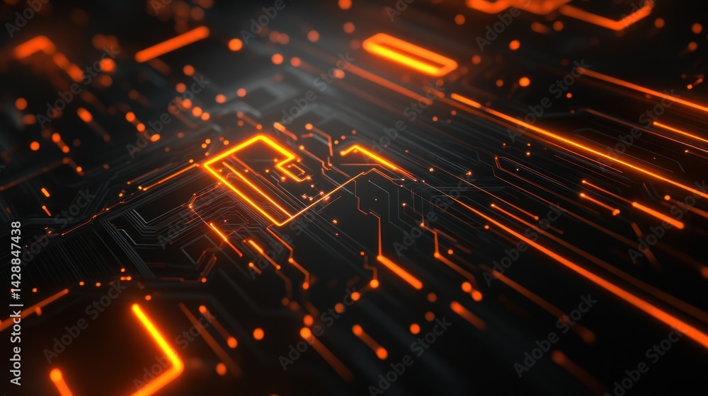 Poster illuminating pathways within a stylized motherboard design showcasing glowing orange circuits and co