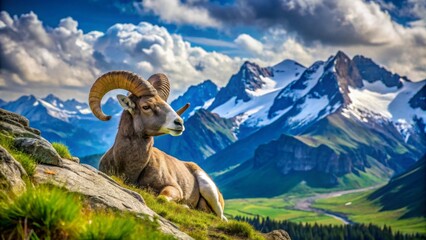 Majestic Mountain Ram Resting on Rocky Outcrop Amidst Breathtaking Alpine Scenery