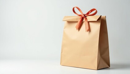 Brown paper gift bag, isolated, white backdrop, empty, natural, studio