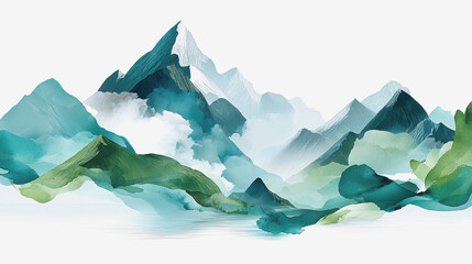 Obraz premium Misty mountain landscape captured in soft watercolors with ethereal glows enhancing the serene and dreamlike atmosphere