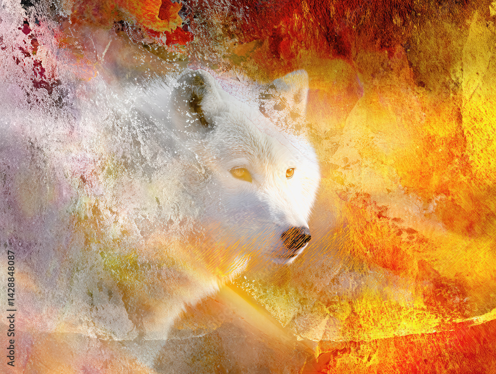 Poster mystical watercolor wolf with a fiery mane in a colorful background creating a surreal and dreamlike
