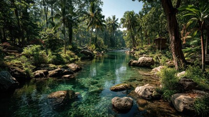 Naklejka premium Serene river flowing through lush tropical forest