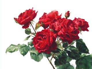 Cluster of vibrant red roses with velvety petals and green leaves isolated on white background