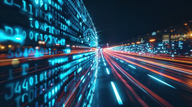 Futuristic road with fast digital data flow transfer with motion blur graphic. Generated AI image