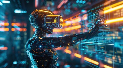 3d render cyberpunk robot warrior in virtual reality glasses hold gun in digital hologram background