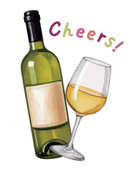 ワインボトルとグラスの水彩風イラストと手書き文字セット　生成AI
