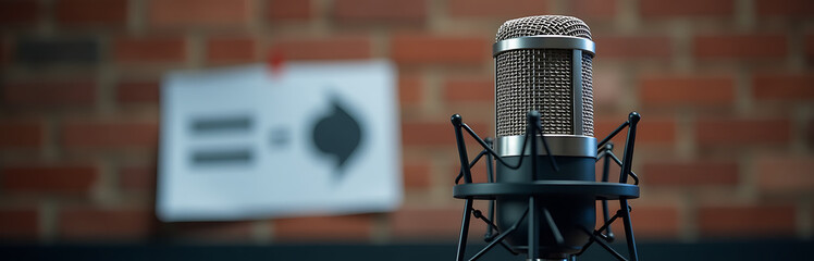 Podcast Microphone With Equal Rights Banner For World Press Freedom Day