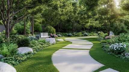 Naklejka premium Elegant outdoor workspace surrounded by greenery, with blooming flowers and a curved stone walkway