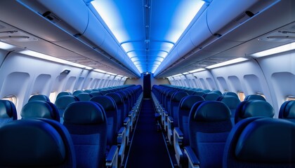Fototapeta premium Airplane cabin interior with blue lighting and empty seats 