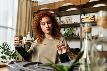 Creative young woman engaged in DIY project with fabric and measuring tape in a modern craft space