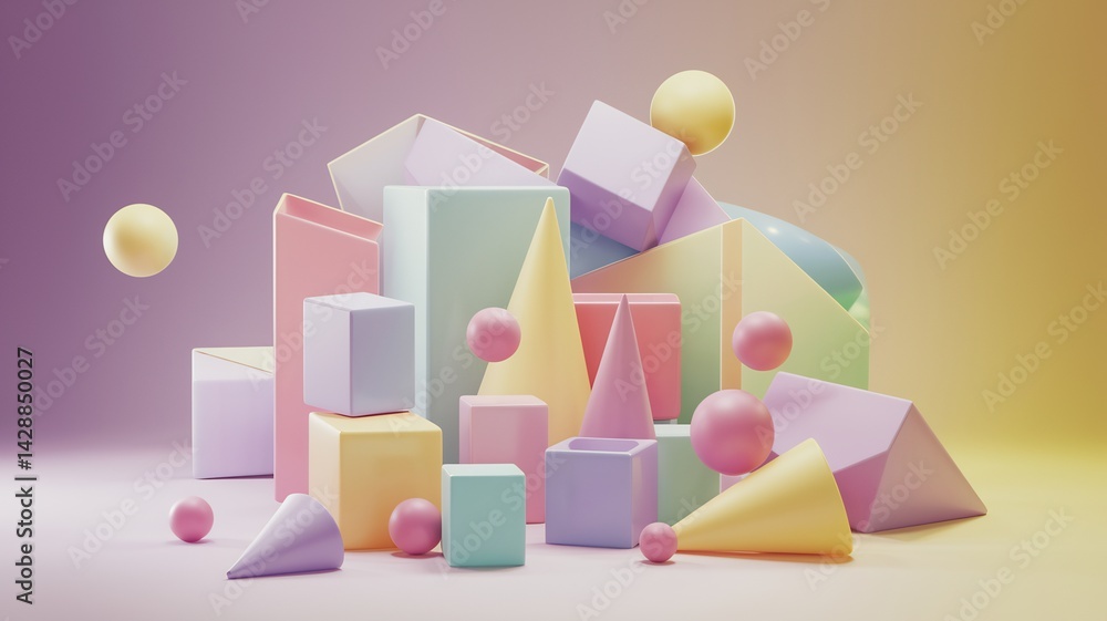Poster geometric pastel puzzle: a harmonious array of pastel-colored geometric shapes, meticulously arrange