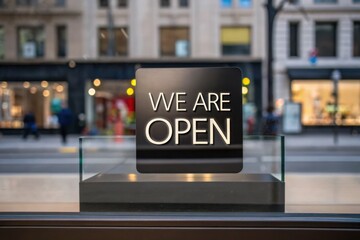 A sign reading "WE ARE OPEN" prominently displayed in a shop window, indicating that the business is currently welcoming customers.