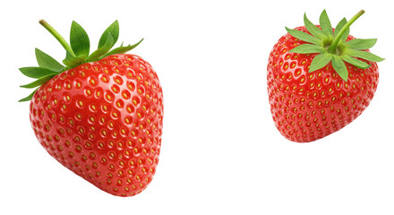 Isolated Two Ripe Red Strawberries with Green Leaves