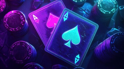 Neon Ace of Spades and Hearts Poker Scene