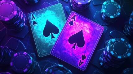 Neon Aces of Spades And Poker Chips