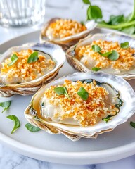 Baked oysters topped with breadcrumbs and herbs, served on a white plate