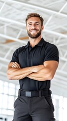 Confident, smiling man in black polo shirt and pants, arms crossed, standing in a modern setting
