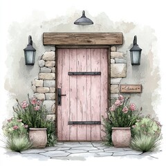 Rustic Watercolor Illustration of Pink Door and Stone Building Entrance