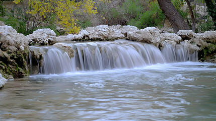 Obraz premium Gentle Waterfall Cascading Over Rocks in a Peaceful Creekside Setting