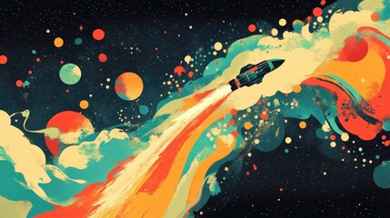 Colorful cosmic rocket launch into the boundless galaxy.