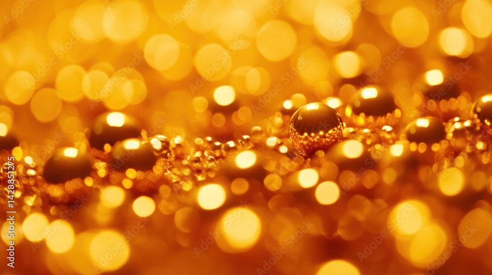 Poster a shimmering symphony of golden droplets cascade across a surface like honeyed pearls reflecting lig