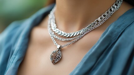 Fashion-forward silver necklaces, layered intricately for a statement look