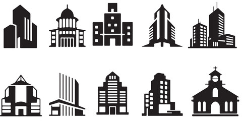 Obraz premium set vector various Buildings icon and office icon silhouettes