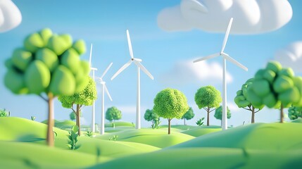 Lush Green Landscape with Wind Turbines and Clear Blue Sky