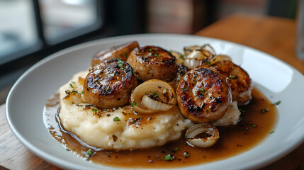 Classic bangers and mash with onions and gravy on a white plate