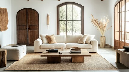 A harmonious living space with minimalist furniture, wooden elements, a comfortable cream sofa, and a statement rug